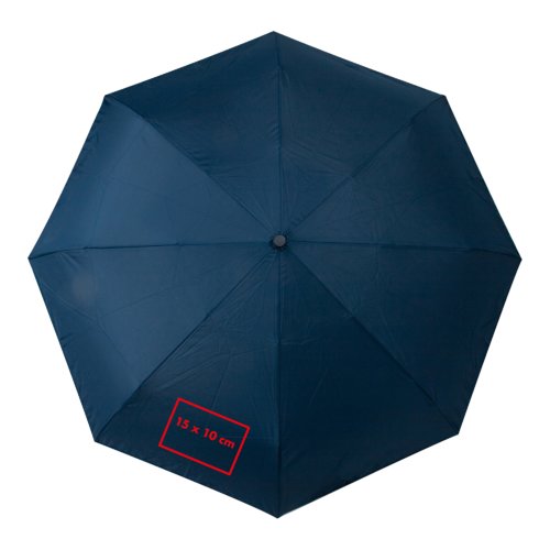 Blauwe automatische opvouwbare paraplu met hoes en draaglus.