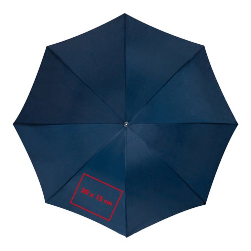 Blauwe automatische paraplu met hoes en frame.