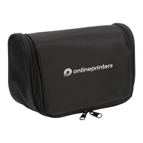 Zwarte stoffen toilettas met ritssluiting.