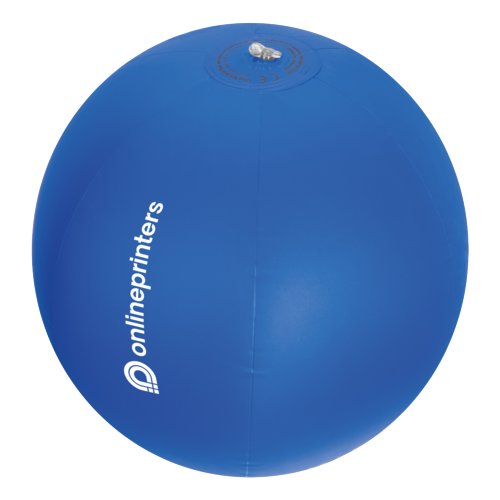 Blauwe plastic strandbal met opblaasbaar ventiel.