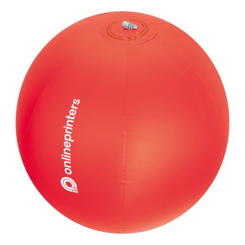 Rode plastic strandbal met opblaasventiel.
