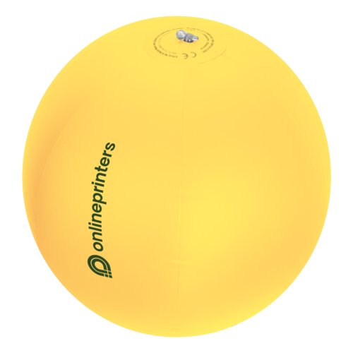 Gele plastic strandbal met opblaasventiel.