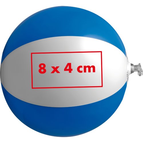 Blauw-witte plastic waterbal met opblaasbaar ventiel.