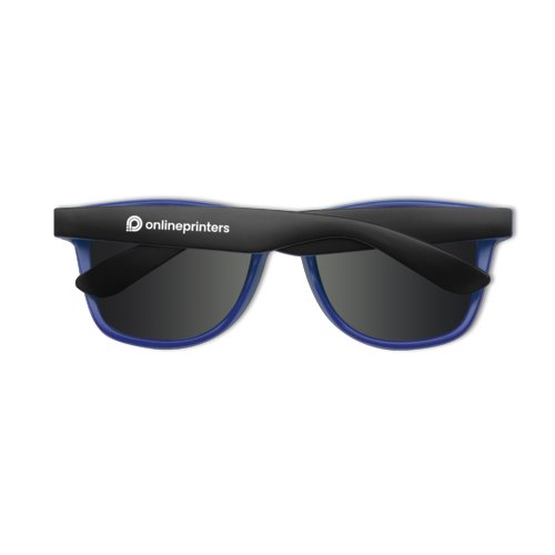Blauwe plastic zonnebril met donkere glazen.