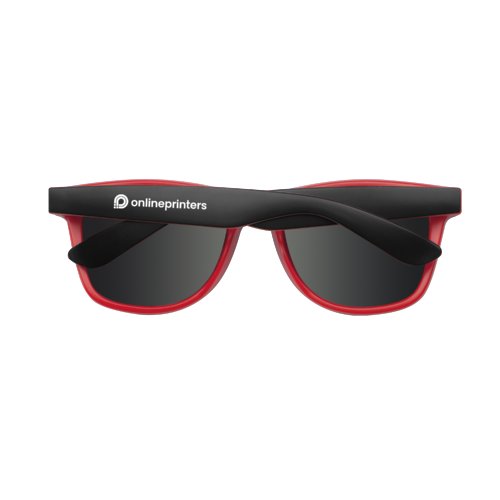 Rode plastic zonnebril met donkere glazen.