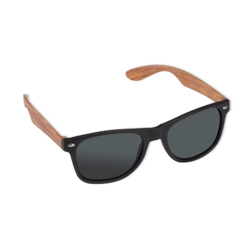 Beige zonnebril met donkere glazen en montuur.