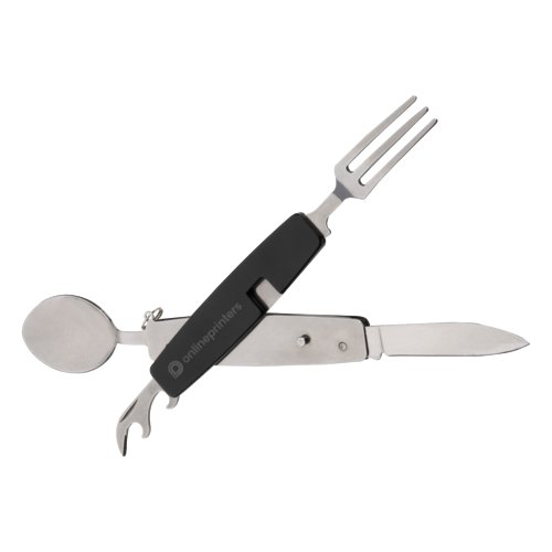 Zwart metalen campingbestekset met mes, vork, lepel en flessenopener.