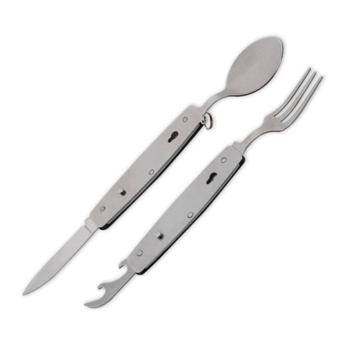 Zwart metalen campingbestek met mes, vork, lepel en flesopener.