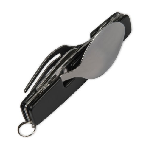 Zwart metalen campingbestek met opvouwbaar mes, vork en lepel.