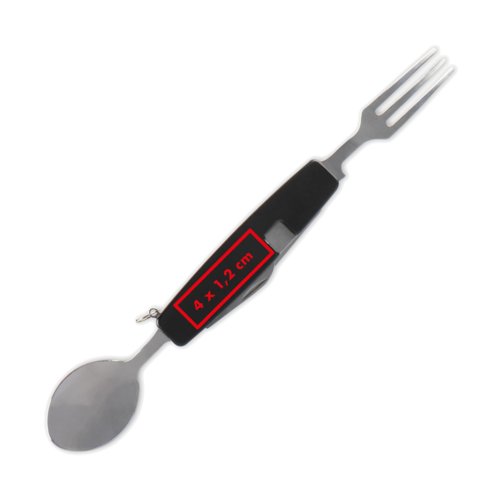 Metalen campingbestek met vork, mes en lepel.