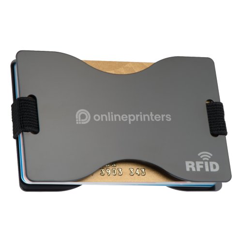 Grijze metalen kaarthouder met RFID-bescherming en elastische band.
