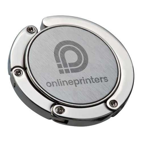 Zilverkleurige metalen handtashouder met antislip onderkant.