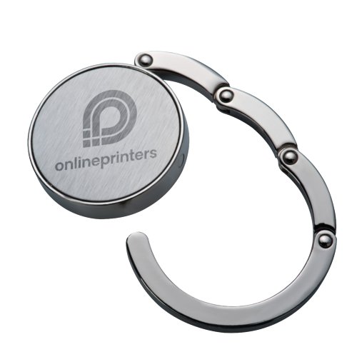 Grijze metalen handtashouder met inklapmechanisme.