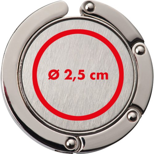 Zilverkleurige metalen handtashouder met ophangsysteem.