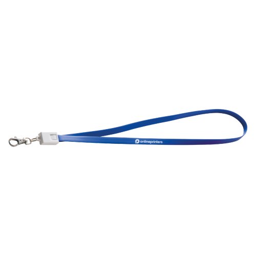 Blauwe polyester lanyard met universele oplaadkabel en karabijnhaak.