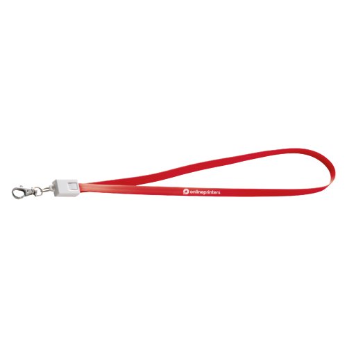 Rode polyester lanyard met karabijnhaak en gentegreerde universele oplaadkabel.