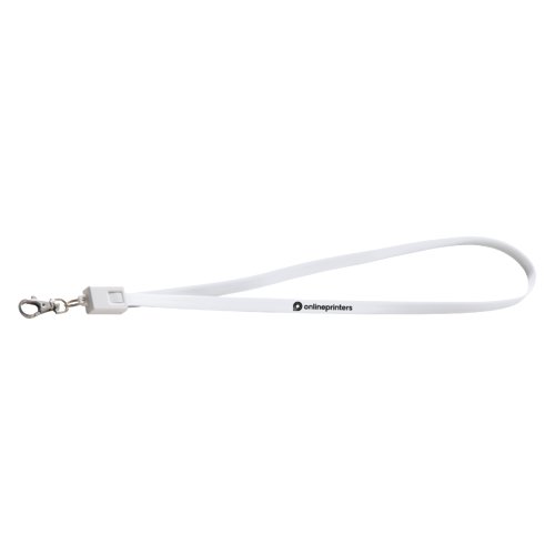 Wit polyester lanyard met karabijnhaak en universele laadkabel.