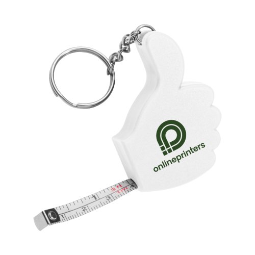 Witte sleutelhanger in de vorm van een duim omhoog met gentegreerd meetlint.
