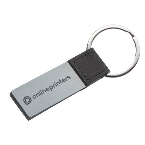 Grijze leren sleutelhanger met metalen ring.