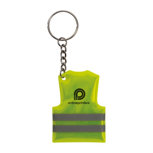 Gele plastic sleutelhanger in veiligheidsvest ontwerp met metalen ring.