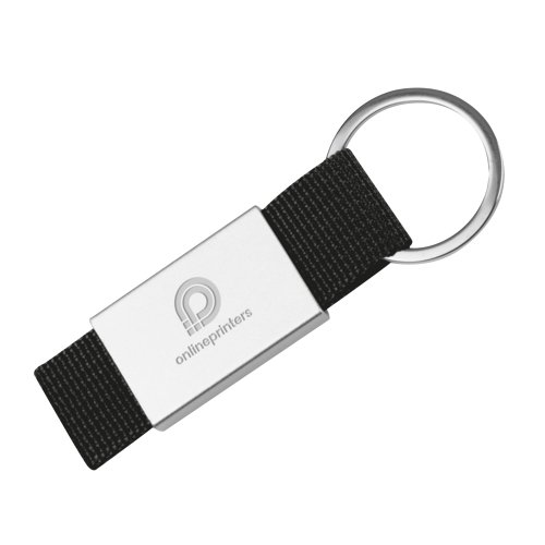 Zwarte sleutelhanger met metalen ring.