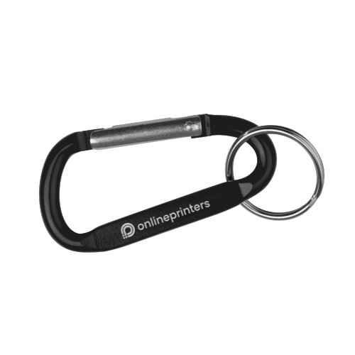 Zwarte karabijnhaak sleutelhanger met metalen ring.