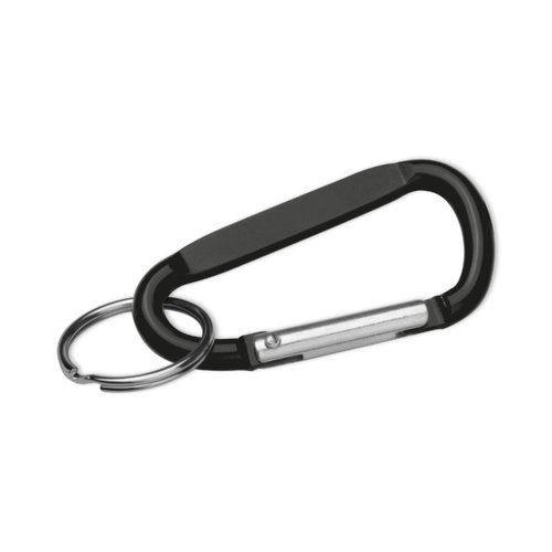 Zwarte metalen sleutelhanger met karabijnhaak en ring.