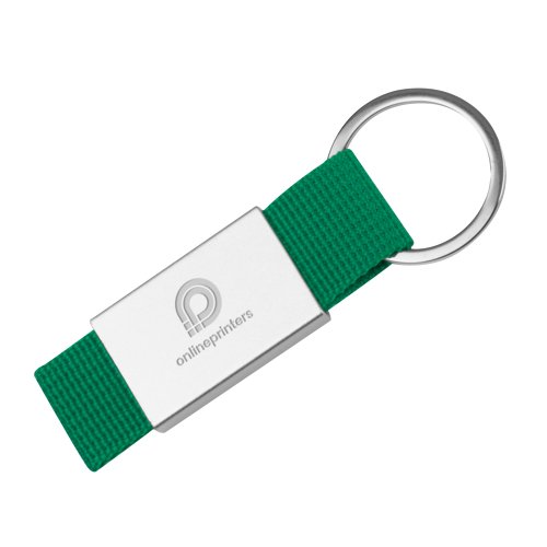 Groene stoffen sleutelhanger met metalen ring.