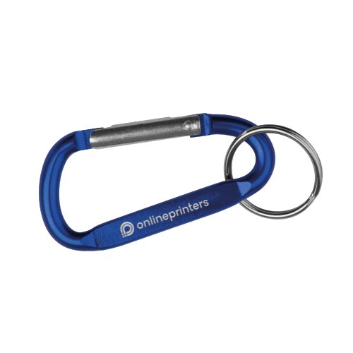 Blauwe metalen sleutelhanger met karabijnsluiting.