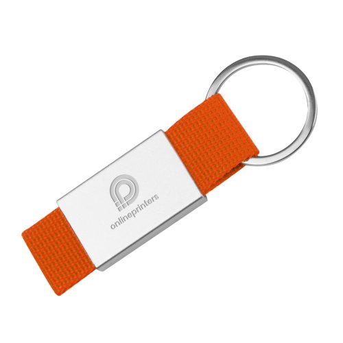 Oranje stoffen sleutelhanger met metalen ring.