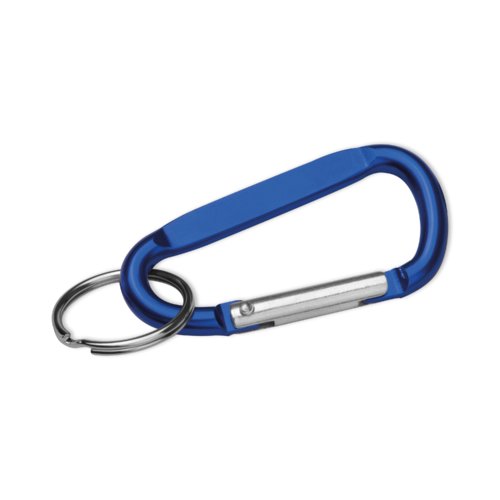 Blauwe metalen sleutelhanger met karabijnhaak en ring.