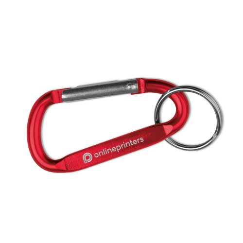 Rode metalen karabijnhaak sleutelhanger met ring.