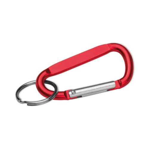 Rode metalen sleutelhanger met karabijnhaak.