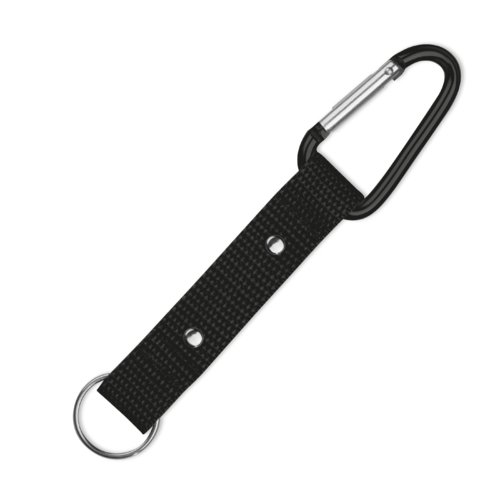 Zwarte stoffen sleutelhanger met karabijnhaak en metalen ring.