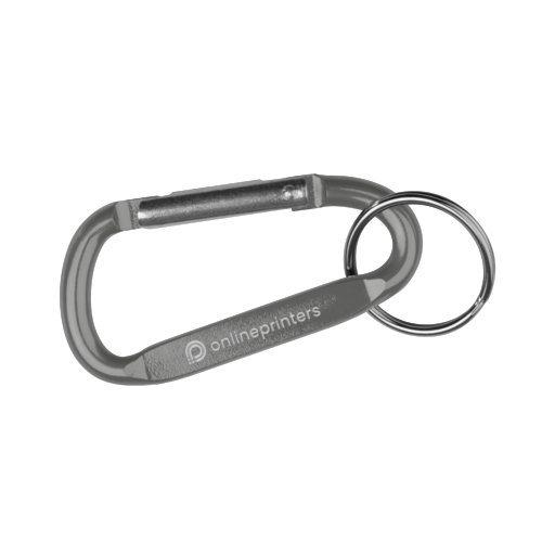 Grijze metalen karabijnhaak-sleutelhanger met sleutelring.