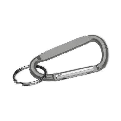 Grijze metalen sleutelhanger met karabijnsluiting.