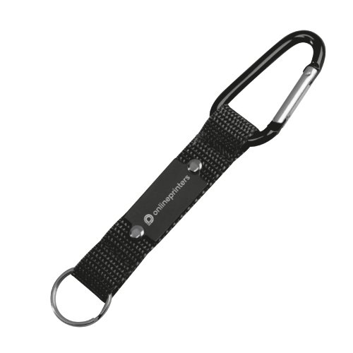 Zwarte stoffen sleutelhanger met karabijnhaak en sleutelring.
