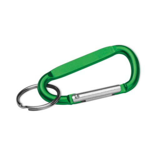 Groene metalen sleutelhanger met karabijnhaak en ring.