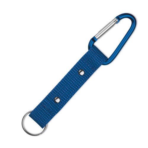 Blauwe stoffen sleutelhanger met karabijnhaak en metalen ring.