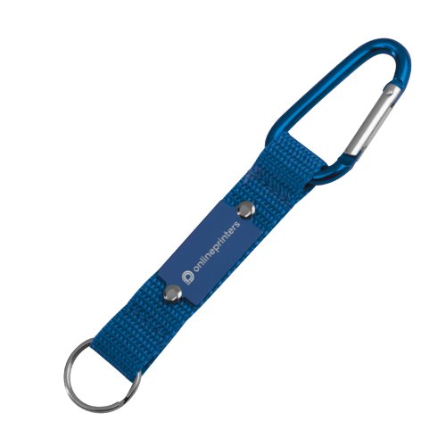 Blauwe textiele sleutelhanger mit karabijnhaak en sleutelring.