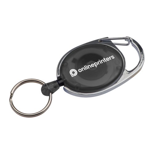 Zwarte sleutelhanger met clip, intrekbaar koord en sleutelring.