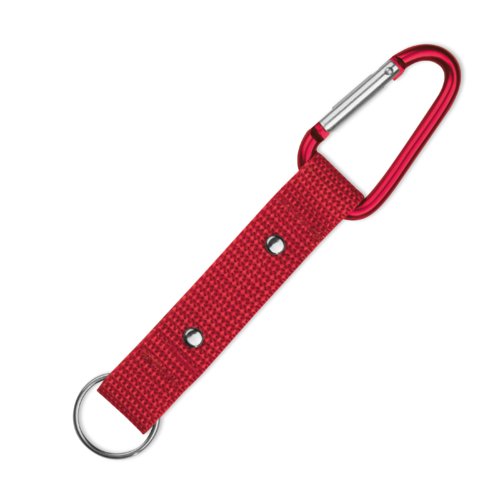 Rode textielen sleutelhanger met karabijnhaak en metalen ring.
