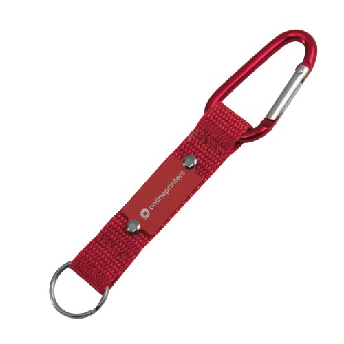 Rode stoffen sleutelhanger met karabijnhaak en metalen ring.