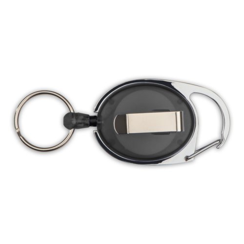 Zwarte karabijnhaak met ring en clip.