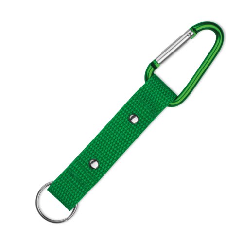 Groene sleutelhanger met karabijnhaak en metalen ring.