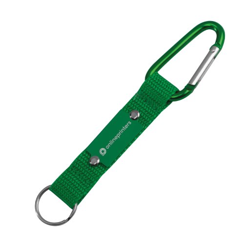 Groene stoffen sleutelhanger met karabijnhaak en sleutelring.