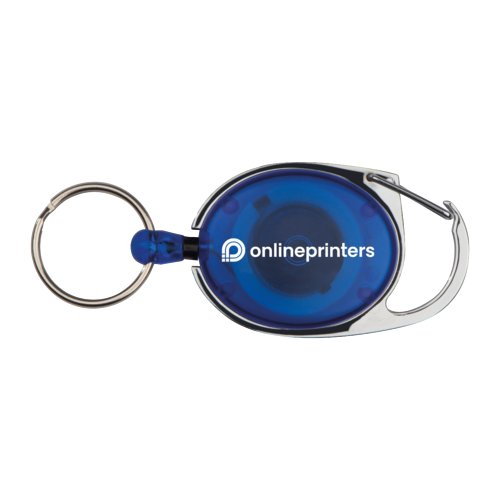 Blauwe plastic sleutelhanger met karabijnhaak en ring.
