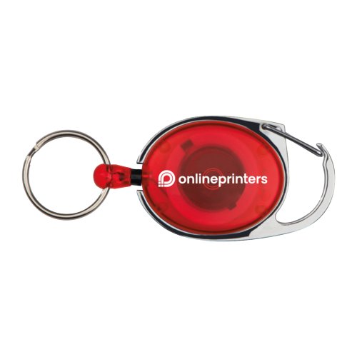 Rode karabijnhaak met ring en clipsluiting.