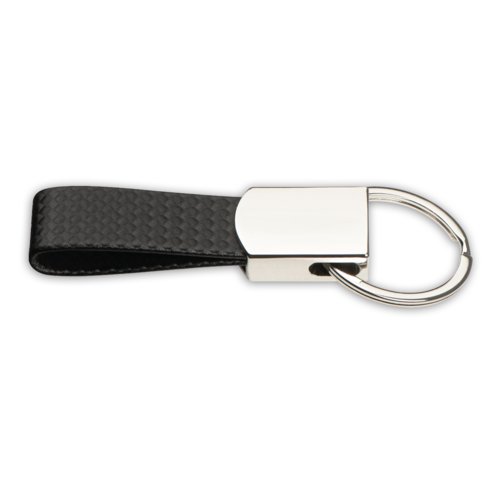 Zwarte kunstleren sleutelhanger met metalen ring.