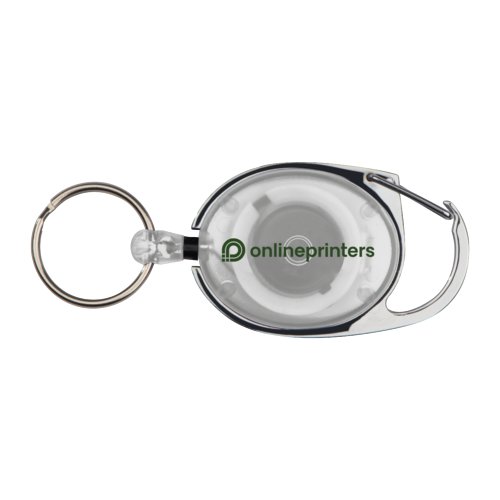 Witte karabijnhaak met ring en clip voor variabele bevestiging.